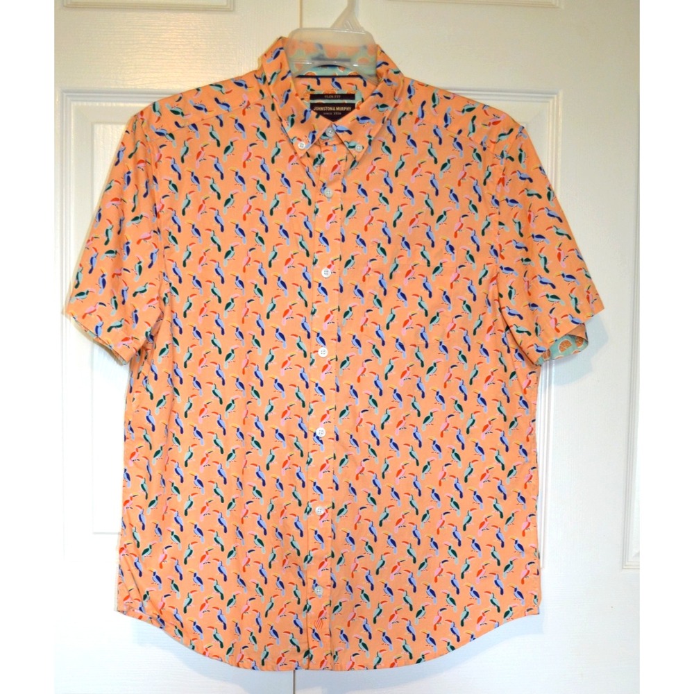Johnston & Murphy Shirt Slim‎ Fit Men's L Button Front Short Sleeve Toucan Bird